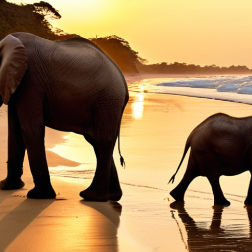 **

"Elephants walking on a golden sand beach at sunset in Loango National Park, Gabon. The elephants are reflected in the water. Warm light, cinematic, breathtaking."

**