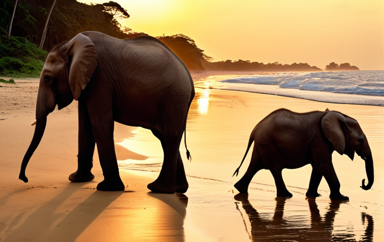 **

"Elephants walking on a golden sand beach at sunset in Loango National Park, Gabon. The elephants are reflected in the water. Warm light, cinematic, breathtaking."

**