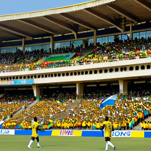 가봉 축구 리그와 대표팀 - **

"A vibrant stadium scene in Libreville, Gabon during a national league match. Players in colorfu...