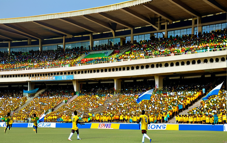 가봉 축구 리그와 대표팀 - **

"A vibrant stadium scene in Libreville, Gabon during a national league match. Players in colorfu...