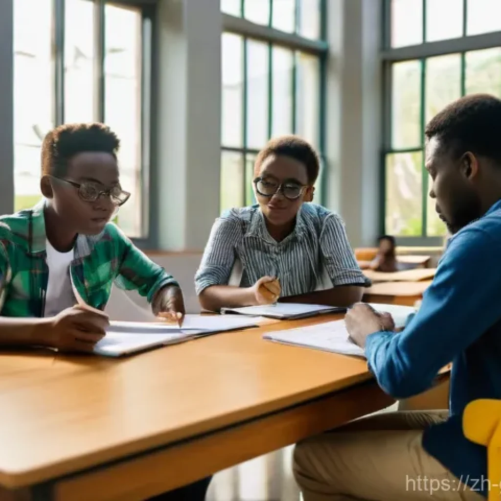 가봉 유학생을 위한 팁 - **Prompt:** A diverse group of young adult students, both male and female, are actively collaboratin...