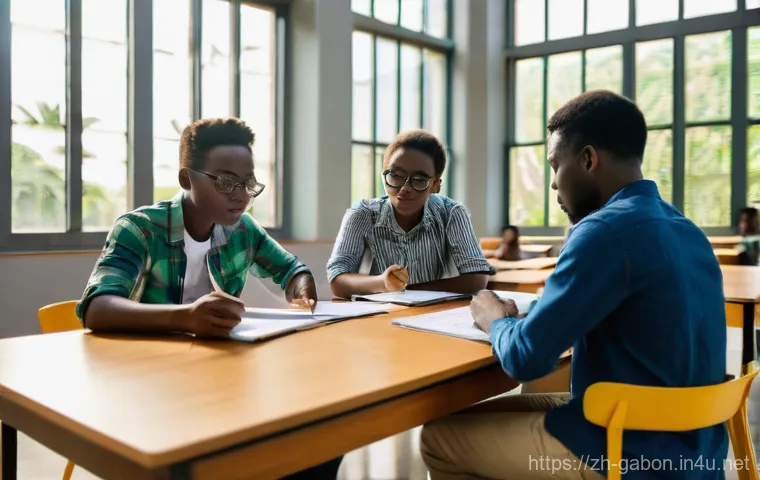 가봉 유학생을 위한 팁 - **Prompt:** A diverse group of young adult students, both male and female, are actively collaboratin...